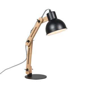 Průmyslová stolní lampa černá se dřevem – Woodi
