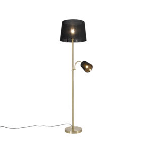Klasická stojací lampa se zlatým látkovým odstínem černá s lampou na čtení – Retro