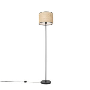 Venkovská stojací lampa černá s ratanovým odstínem - Kata