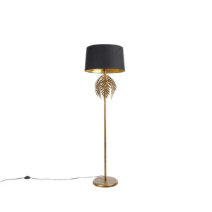 Vintage stojací lampa zlatá s bavlněným odstínem černá – Botanica