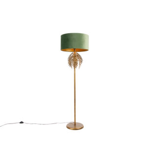 Vintage zlatá stojací lampa s odstínem zeleného sametu – Botanica