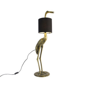 Vintage stojací lampa mosazná tkanina odstín černá – Crane bird To