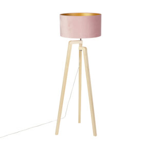 Stojací lampa stativ dřevo s růžovým sametovým odstínem 50 cm – Puros