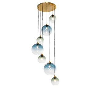 Art Deco Závěsná lampa mosazná s modrým sklem kulatá 7-světelná - Sandra