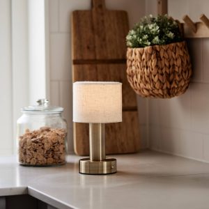 PR Home Nabíjecí stolní lampa Tiara, CCT, len/mosaz