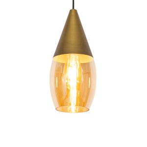 Moderní závěsná lampa zlatá s jantarovým sklem – Drop