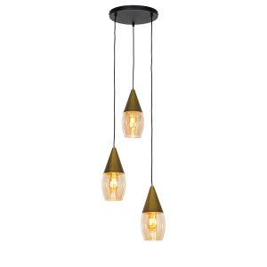 Moderní závěsná lampa zlatá s jantarovým sklem 3-light – Drop